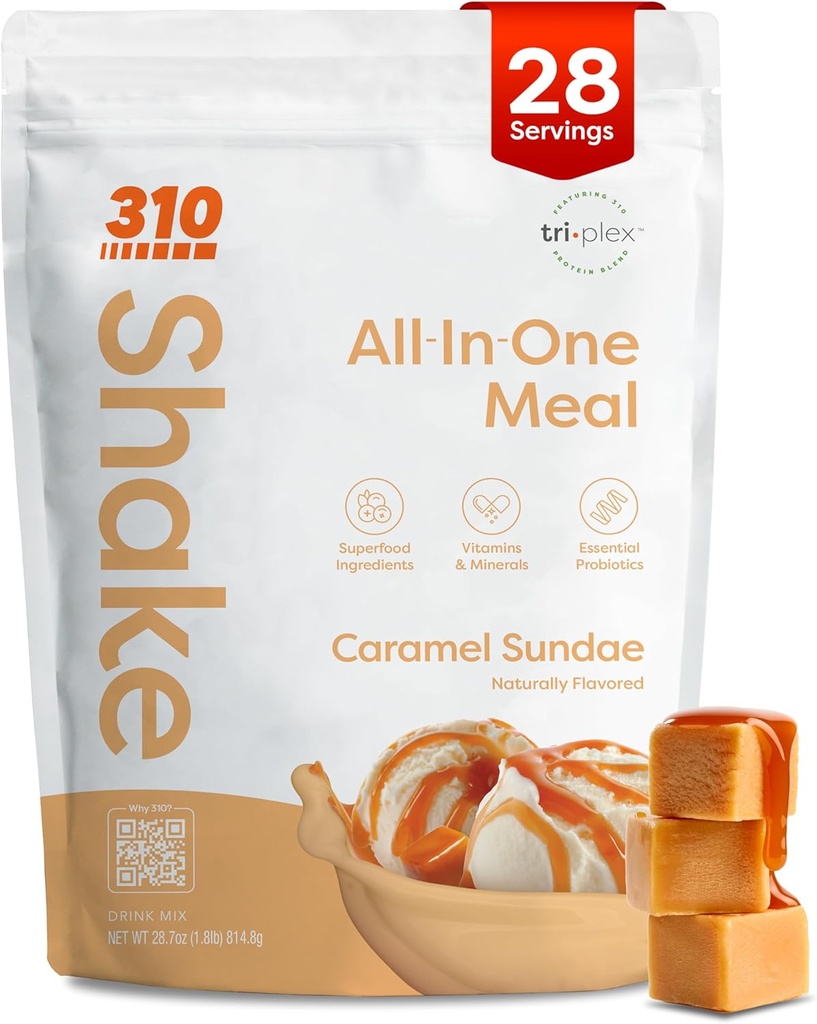 310 Nutrition All-In-One Mechange Shake Powder - Na rastlinah osnovani proteini Smoothie Mešanica w/High Fiber, probiotiki & Adaptogeni - Nizki ogljikovi hidrati, Vegan, Keto & Paleo Prijazno - Caramel Sundae - 28 Srv