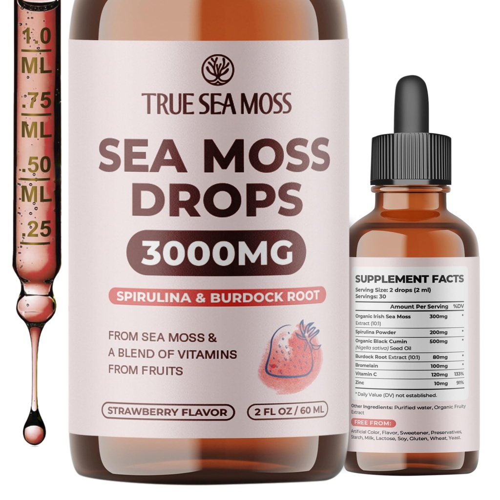 TrueSeaMoss Irish Sea Moss Kapljice - 5X Močnejši od gela Sea Moss - 92+ Eterični minerali - s Spirulina Powder, Burdock Root & Black Cumin - 2 Fl Oz (60ml) - Jagodna aroma