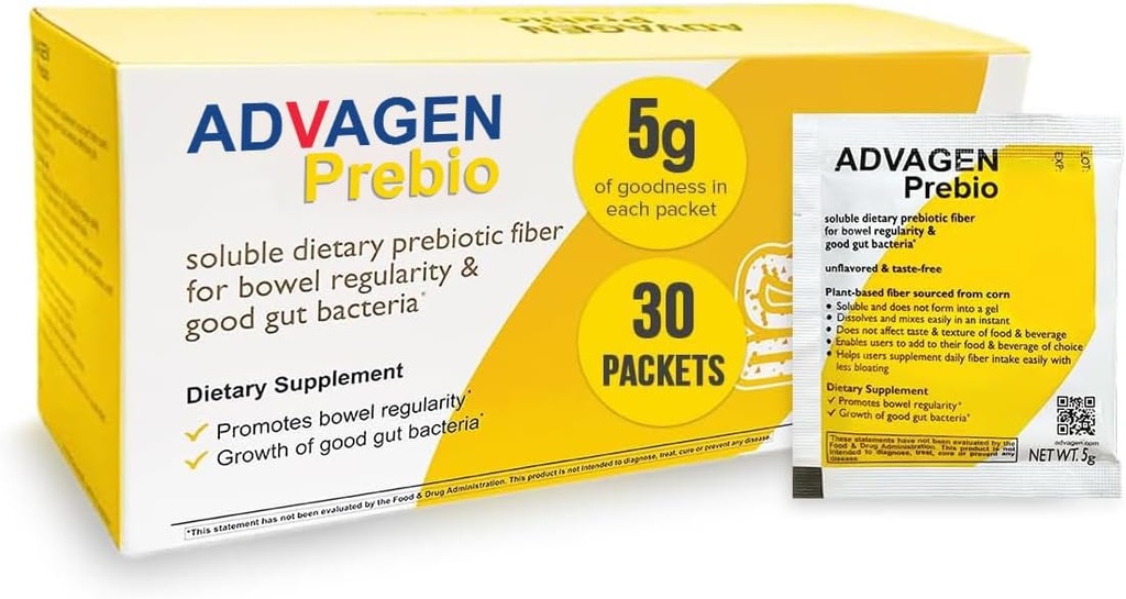 ADVAGEN, Prebio Fiber Dopolnilo v prahu brez arome - topen prebiotični vlaknine v prahu, brez arome na Go Packets, Non GSO podpira Gut zdravje, napenjanje in zaprtje Relief za ženske moške 30 Serving