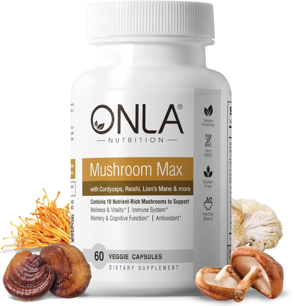 ONLA Veganska goba - 10-v-1 Levi grivasta goba, Reishi goba, Cordyceps, Shiitake - goba kapsule za imunski sistem, naravni možgani dodatki za spomin in fokus (60 Cap)
