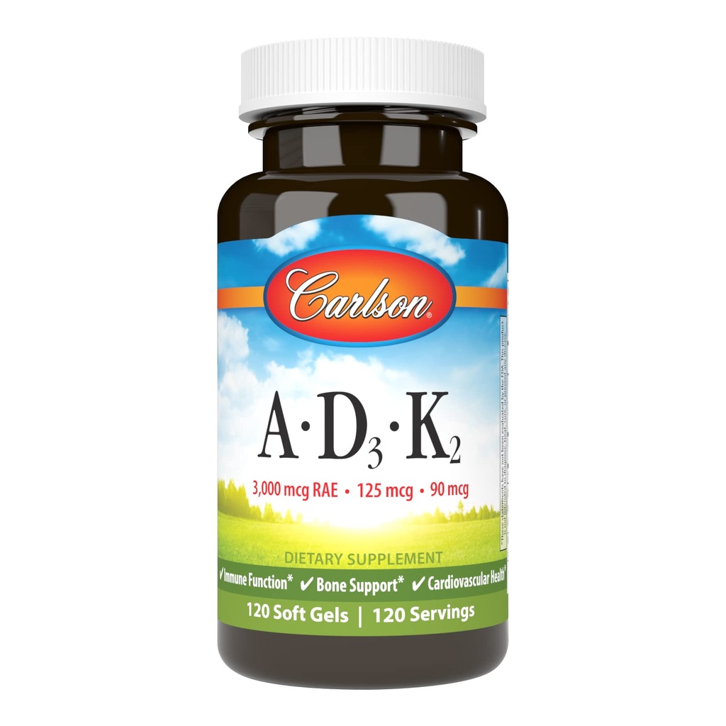 Carlson - Vitamini A, D3, K2, 3000 mcg RAE Vitamin A, 125 mcg Vitamin D3, 90 mcg Vitamin K2 kot MK-7, Bone Building, Kalcijeva uporaba, 120 Soft Gels
