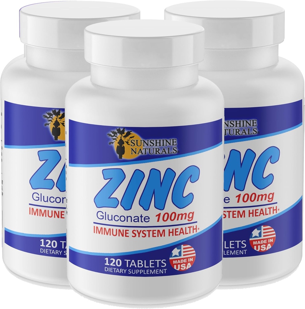Sunshine Naturals Cink Gluconate Mineral Supplement – Podpira imunski sistem, spodbuja zdravljenje ran, izboljšuje zdravje kože, zagotavlja antioksidant obrambo – 100mg, 120 Tablete, Visoka moč