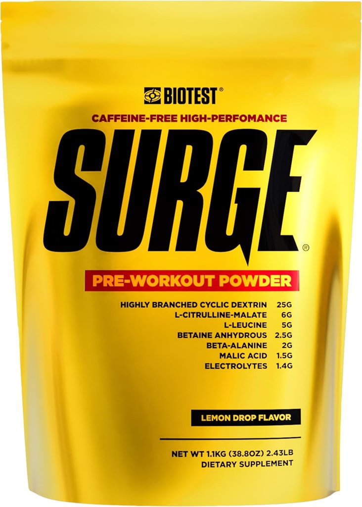 Surge Pre-Workout Powderl - 25 g Zelo razvejan ciklični dekstrin, 6,5 g Citrulin Malat, 5 g L-Leucin, 2,5 g betain brezvodni, 2 g beta-alanin, 1,4 g mešanica elektrolitov - 1,1 Kg