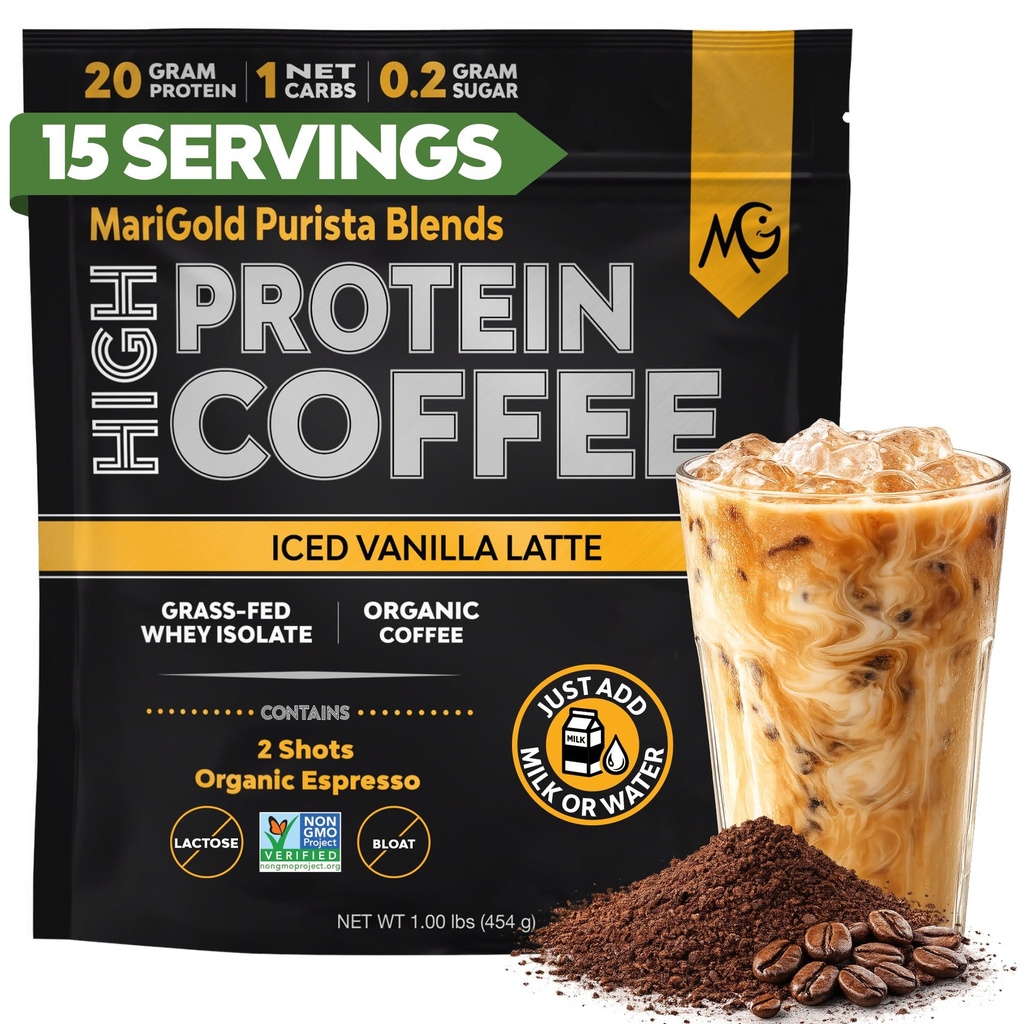 MariGold High Protein Coffee - Iced Vanilla Latte, 20g Grass-Fed Whey protein izolat, Energy & Workout Boost, 2 Shots Organic Espresso, Non-GMO, 1 Net Carb, 1 Lb vrečko, 15 Serving