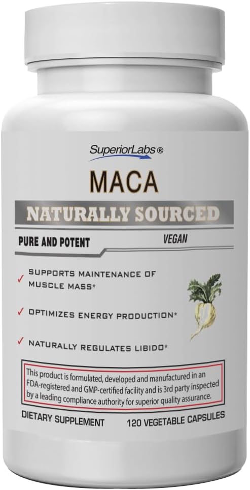 Superior Labs - Organic Peruvian Maca - 100% Pure NonGMO - prehranski dodatek za pomiritev in sprostitev - nič sintetičnih dodatkov, Stearats, Dioksids - 750mg, 120 Zelenjavnih kapsul