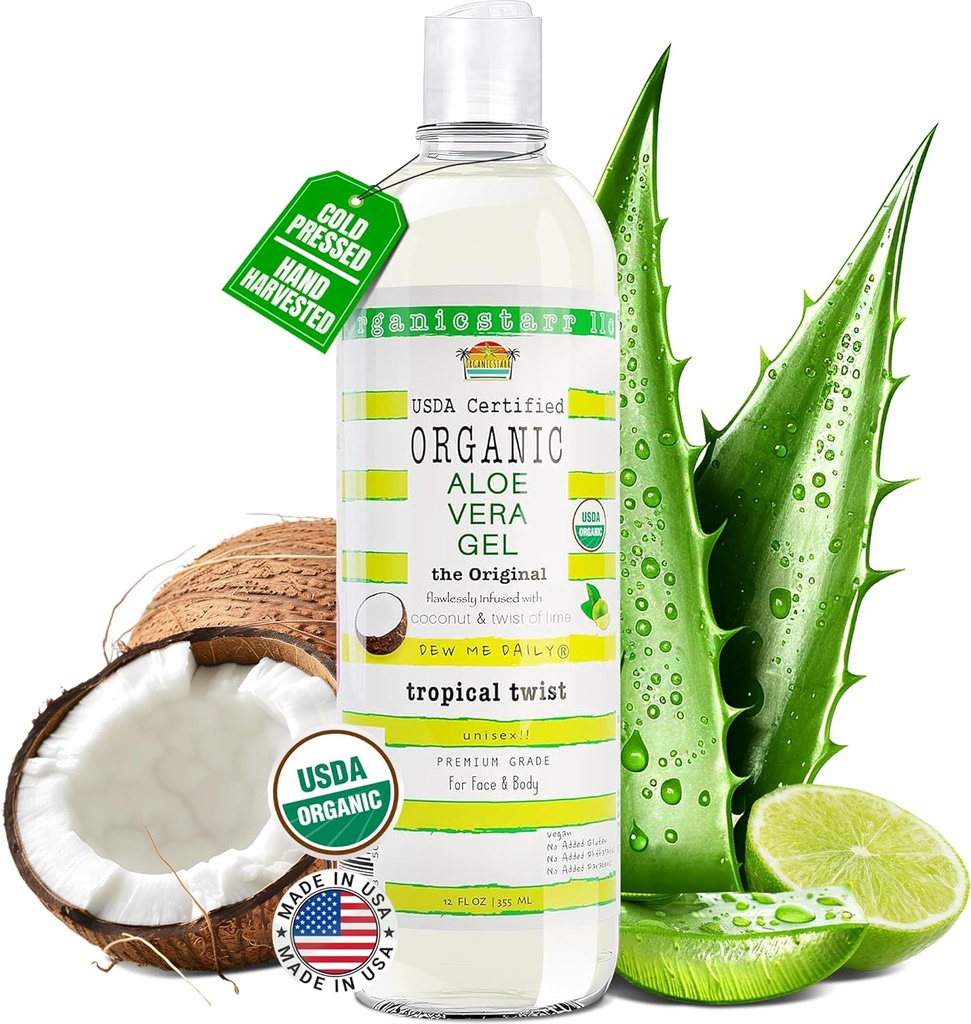 USDA Certified Organic Aloe Vera Gel 12 oz - 100% Pure, Cold Pressed, Ročno žetev, Infundirani s kokosom, Lime & Verbena Essential Oils, Chemical-free - Koža in nega las, Made in ZDA