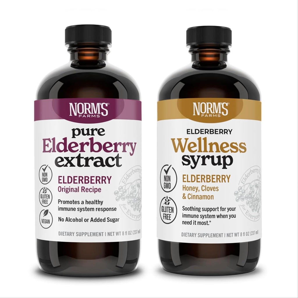 Norm's Farms Elderberry Extract & Wellness Syrup Bundele 2 PK - Imunska podpora Elderberry Syrup za otroke in odrasle - Made in USA, Pure, Potent, naravne sestavine, Vegan, Gluten-free, Non-GMO - 8 Oz