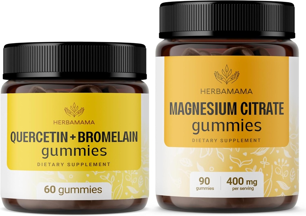 HERBAMA Quercetin in Magnezijev Gumies Kit - paket 800 mg Quercetin z Bromelain in 400 mg Magnezijev Citrat Gumies - Vegan, Non-GMO, želatina-free - 2 paket
