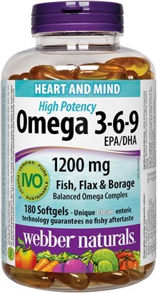 Webber Naturals Omega 3-6-9 Visoka moč 1200 mg · Ribe, Lan & Borage, 180 kapsul