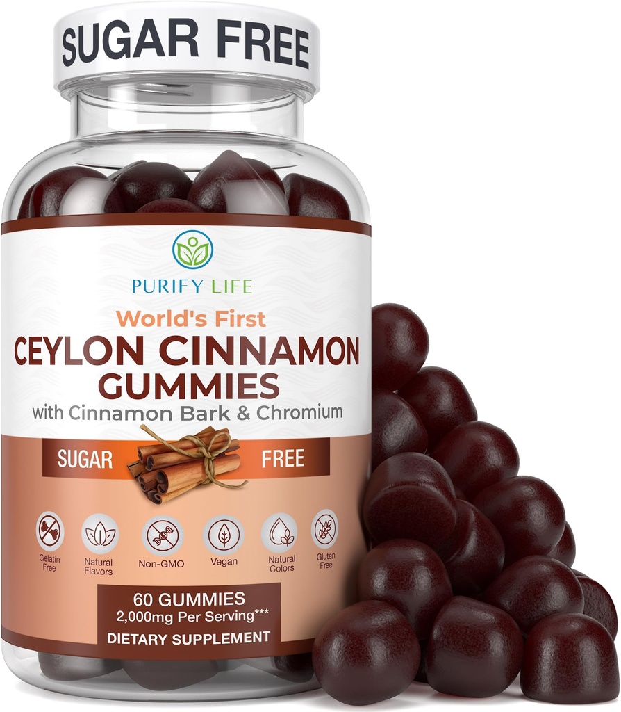 Cejlon brez sladkorja Cimet Gumies (2.000 mg/Serving) Cejlon Cimet Dodatek za zdravje možganov, Vegan, Gluten-free, Zamenjajte Cejlon Cimet Kapsule, Tablete, Prašek, Izvleček (60 žvečil)