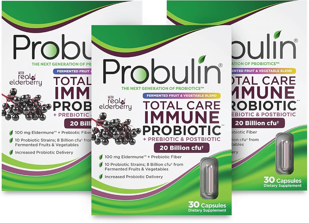 Probulin skupaj nega Imuno = Prebiotiki + probiotiki + Postbiotiki + Bezgovina za podporo imunskega in guta zdravja - 20 milijard CFU - 10 sevov - 30 veganskih kapsul (3. paket)