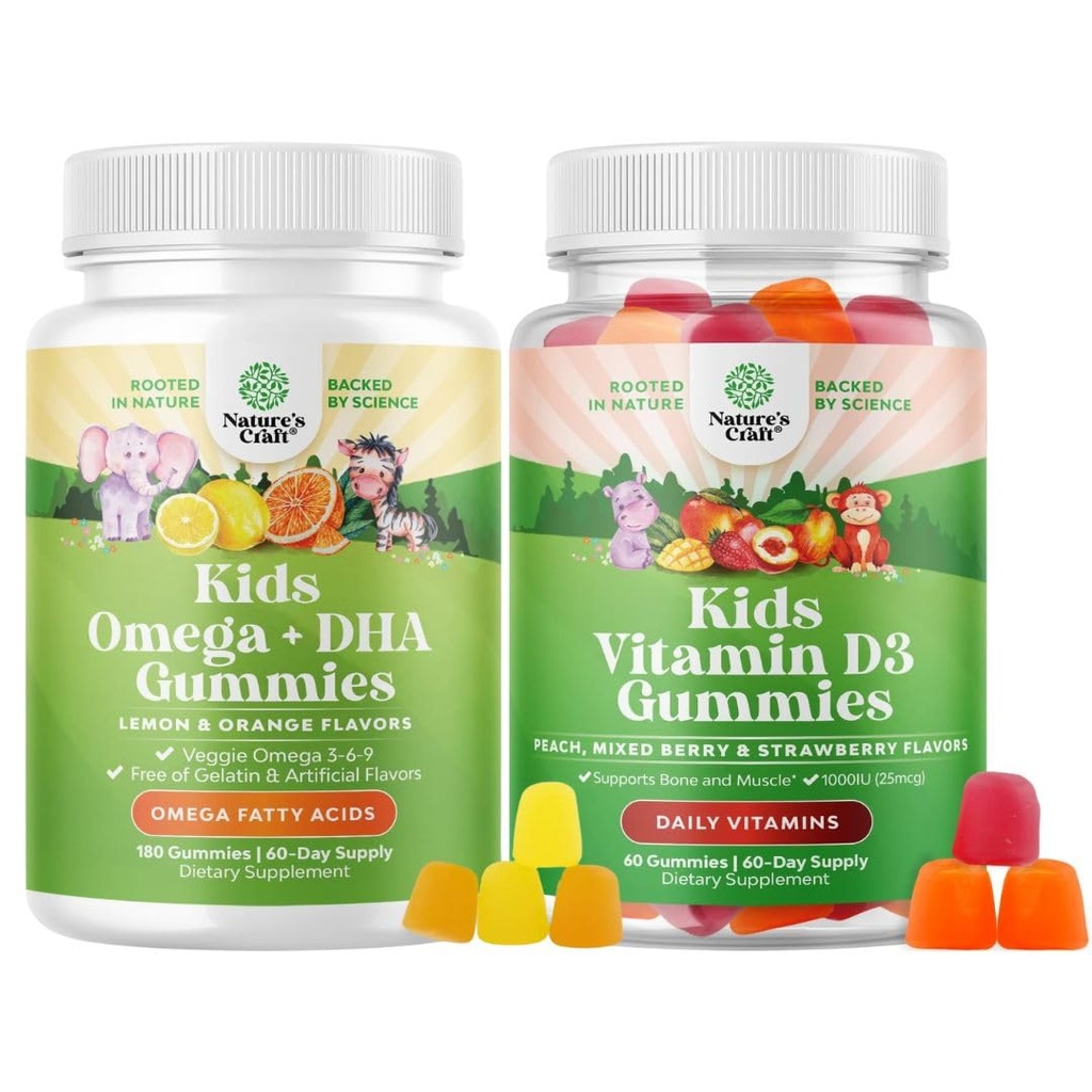 Bundle of Omega DHA Gummies for Kids - Fatty Acids Omega 3 6 9 - Vitamin C for Brain, Immunity & Vision and Vitamin D Gummies for Kids - 1000 IU Per Serving - Immune Support Muscle Teeth & Bone Health