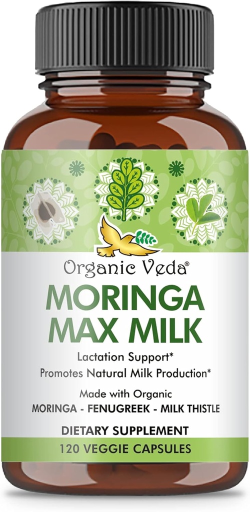 Organska Veda Moringa Max Milk Dojenje dodatek (120 Kapsule) - 1800mg Super Jakost Organski Veganski kompleks s Fenugreek, Mlečni osat, Moringa Leaf & Semena za dojenje mleka