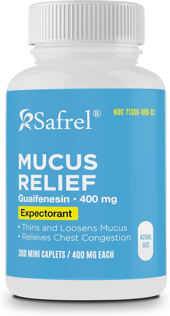 Safrel Pharma Mucus Relief Guaifenesin 400 mg - hitro delujoče pričakovanje, Thins in Loosens Mucus, Relieves Chest Congestion, kašelj, hladno in gripo 