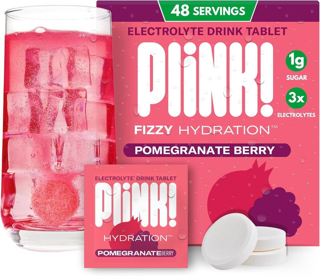 Plink! Fizzy Electrolyte tablete za odrasle in otroke – Granatna jagoda, 48ct – Family-friendly Daily Hydration – Nizki sladkor, Vegan, Keto Friendly, Non-GMO