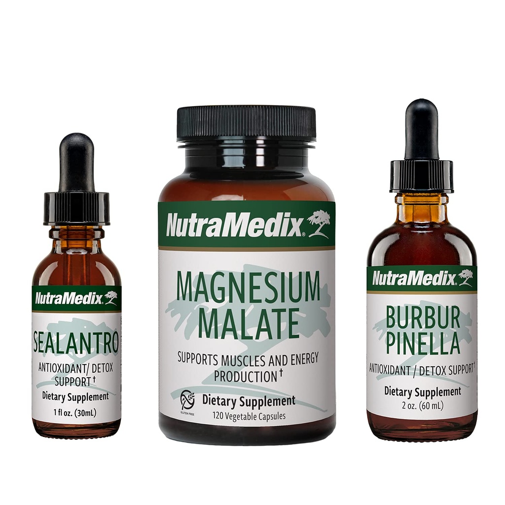 NutraMedix Detox Set - 3-Piece Kit z Sealantro, Burbur-Pinella & Magnezijev Malate za čiščenje, Detox & Dnevna podpora Wellness - Rastlinske tekoče kapljice in dnevne kapsule