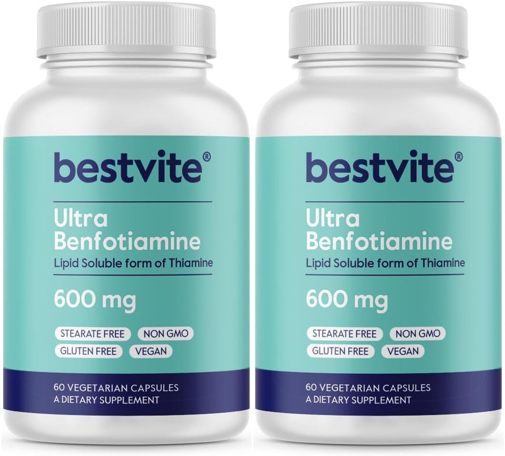 Ultra Benfotiamin 600 mg na kapsulo (120 vegetarijanskih kapsul) (60x2) Brez stearat - brez silicijevega dioksida - Vegan - brez GSO - brez glutena - maksimalna jakost benfotiamin
