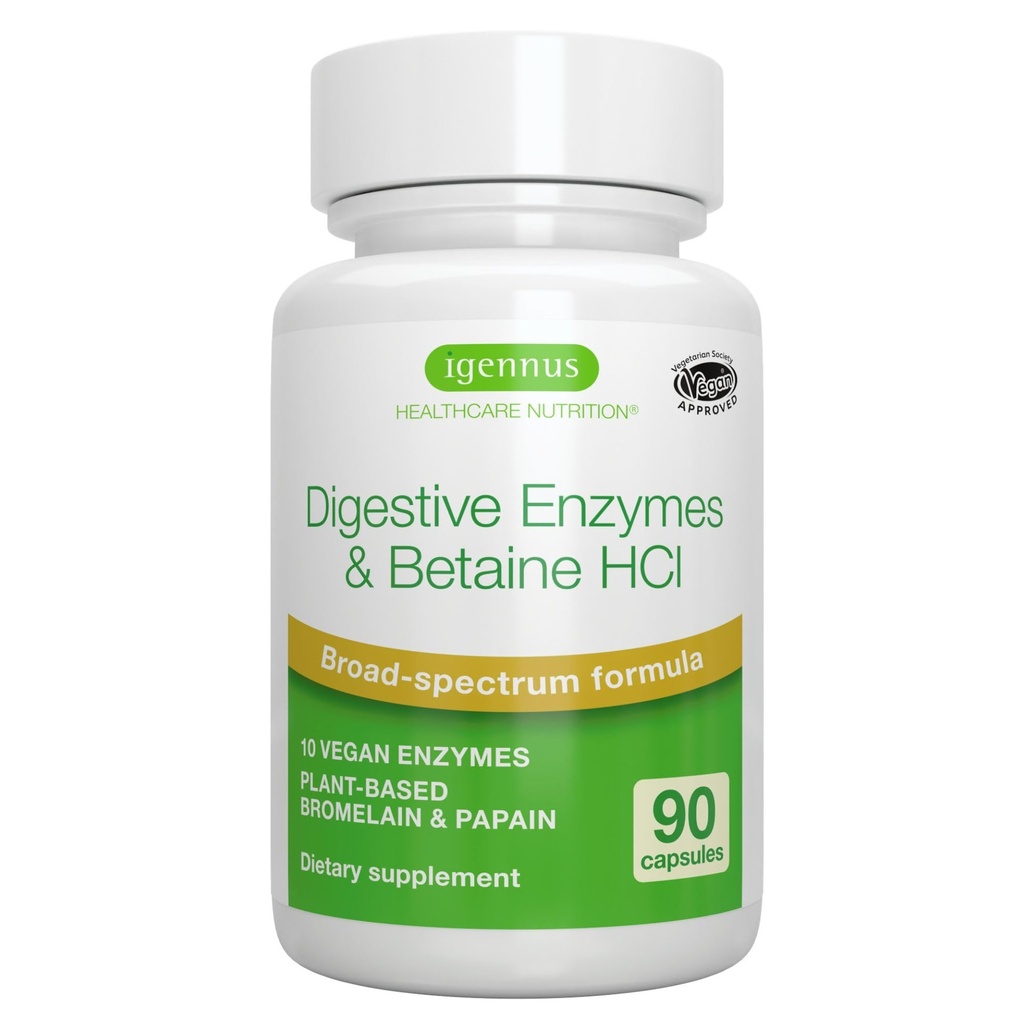 Igennus Fast Action Prebavni encimi in betain HCl, 10 Širok spekter Encimi s proteazo, lipazo in laktazo, papain & Bromelain, rastlinski vegan, čista nalepka, za ženske in moške, 90 kapsul