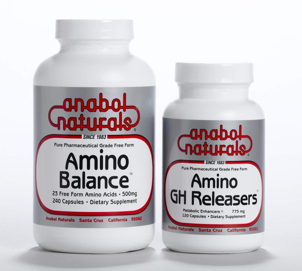 Physique Stack–Amino Balance 240 caps Complete Free Form Formula with BCAA’s and EAA’s for Muscle Recovery. Amino GHReleasers 120 caps Pre-Workout with L-Arginine and L-Glutamine for Lean Muscle Growth