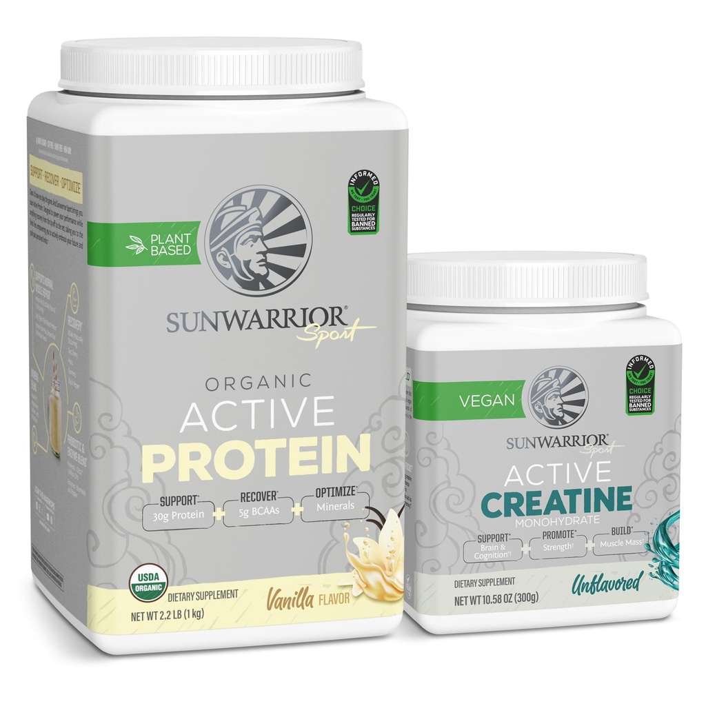 Sunwarrior Kreatin v prahu & Vanilla Active Organic Beljakovine v prahu set 
