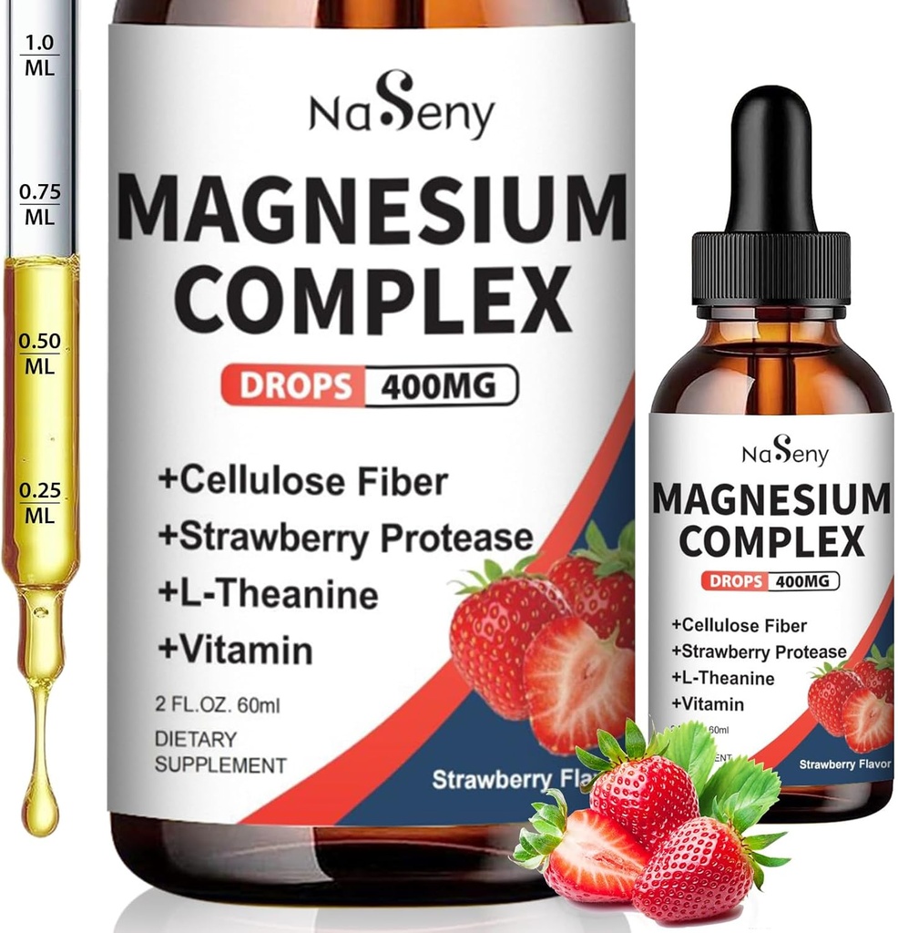 Magnezij Glycinate Liquid 400mg, visoka absorpcija Magnezijev kompleksni suplemen z vitaminom B6, D, C za podporo spanja, mišice, živcev zdravje, ne-GMO Gluten prost Vegan (2 Fl Oz / Strawberry)
