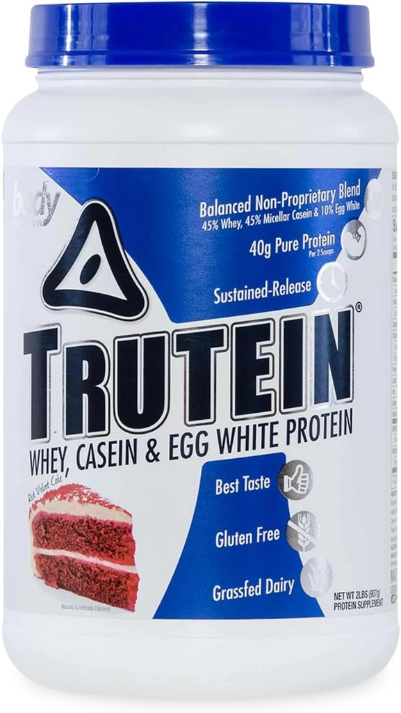 Body Nutrition Trutein Visoke beljakovine v prahu: 45% Whey, 45% Kazein, 10% Jajca bela, Gluten-free, Nizko natrij, Grass Fed Whey Protein Powder, Gym Supplement & Breakfast Shake, Red Velvet Cake, 2lb