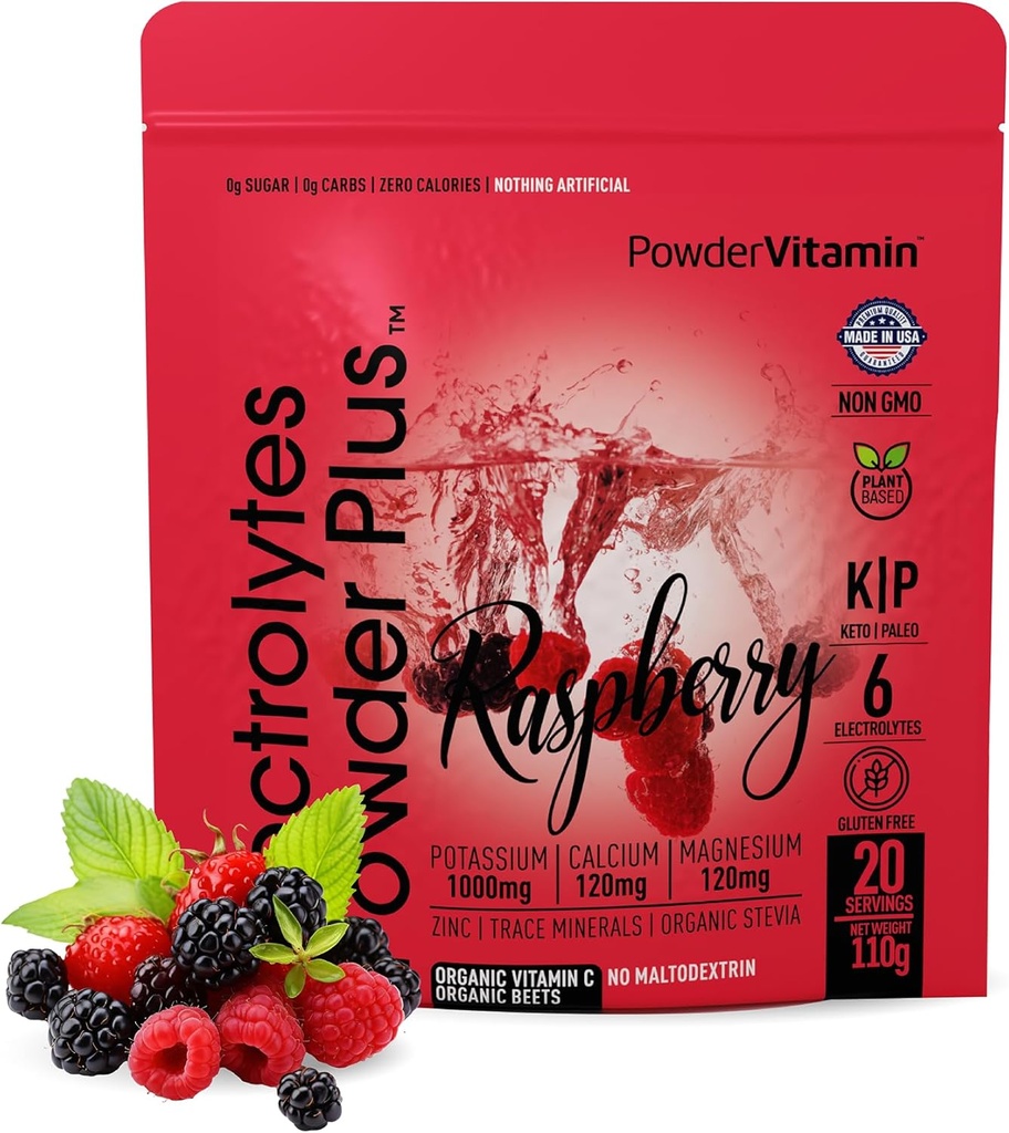 PrašekVitamin Elektroliti powder Plus (20 Servinges) malina Elektrolitni prašek Zero Calorie Keto,0 sladkor, brez maltodekstrin,1000mg kalij,120mg kalcij,120mg magnezij, roza himalajska sol