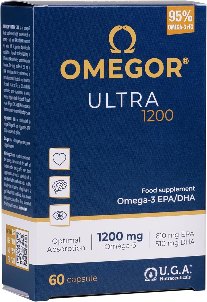 OMEGOR Omega 3 ribje olje 1200mg Ultra - 610mg EPA in 510 DHA Omega3 IFOS Certified - Visoka biološka razpoložljivost in brez pookusa (60 Caps)