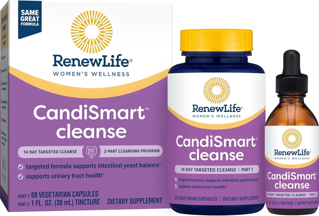 Ponovno čiščenje za odrasle - CandiSmart - 15-dnevni program čiščenja za kvas - 2-delni komplet - Gluten & Dairy Free - 60 vegetarijanske kapsule + 1 Fl. Oz. Tinktura