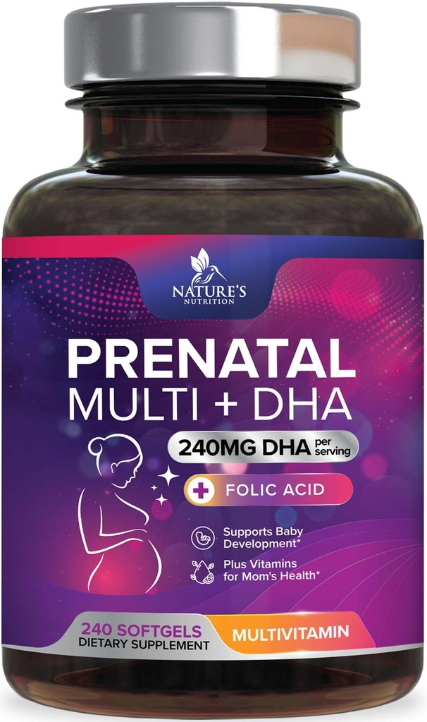 Predporodni vitamini s folno kislino & DHA, fetalni razvoj možganov s Folate & Omega 3's, Prenatalni multivitamin za ženske, vitamin A, C, D, B6, B12 & železo, dodatek za nosečnost - 240 Softgels
