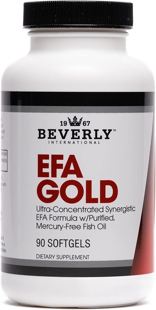 Beverly International EFA Gold, 90 kapsul softgel. Visoka jakost Omega-3s EPA in DHA + Omega 6&9 maščobne kisline. Kombinirano ribje, laneno in borovo olje.