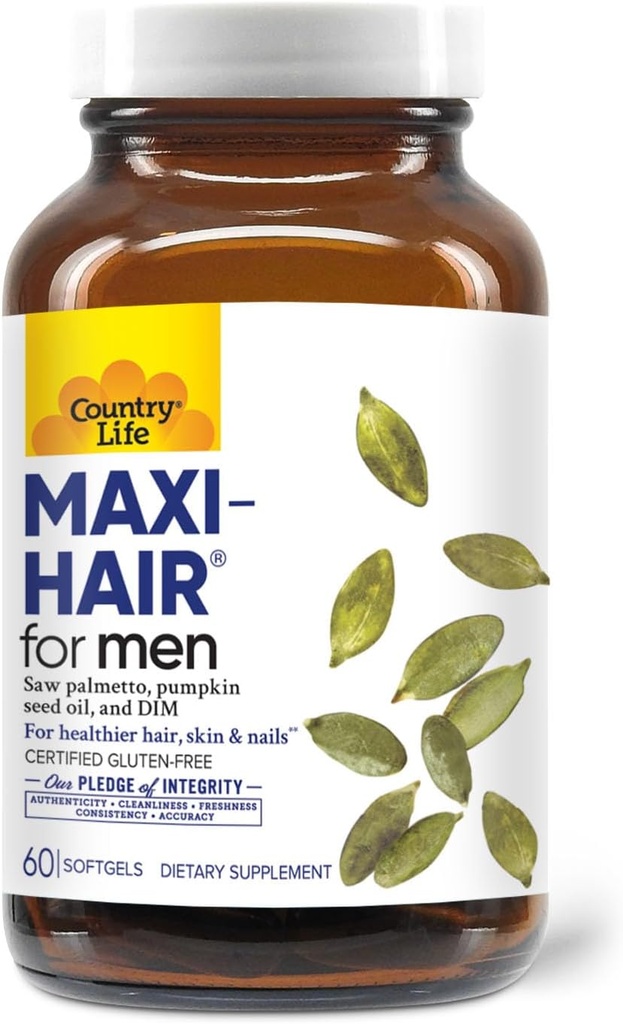 Country Life Maxi-Hair za moške - 2000mcg Biotin, žaga Palmetto, olje bučnega semena, DIM, kalij, magnezij, kalcij in cinkova mešanica - podpira bolj zdrave lase, skalp, kožo in nohte, 60 veganskih kapsul