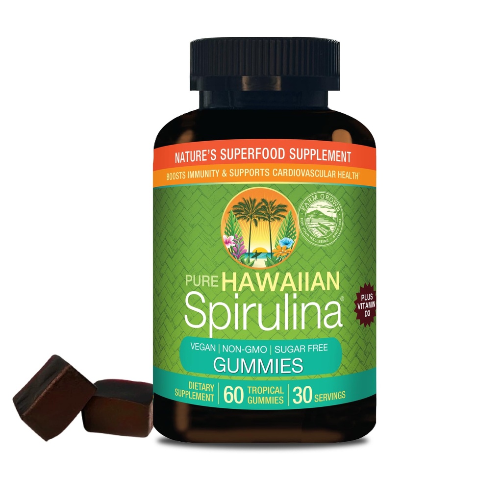 Nutrex Hawaii Pure Hawaiian Spirulina Gummies – Sugar-Free, Vegan Superfood Plus Vitamin D3, Farm Grown in Kona, Non-GMO, 60 Count