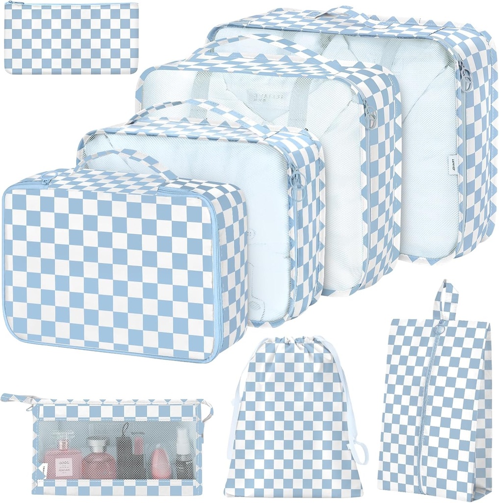 8 Set Packing Cubes for Suitcases,Packing Cubes with Shoe Bag, Cosmetics Bag, Clothing Bag, Accessories Bags Packing Cubes for Travel Luggage Organizer Women Men(Blue Checkered)