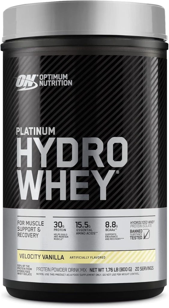 Optimum Nutrition Platinum Hydrowhey Protein v prahu, 100% hidroliziran izolat sirotkinih beljakovin v prahu, aroma: Velocity Vanilla, 1,75 funta