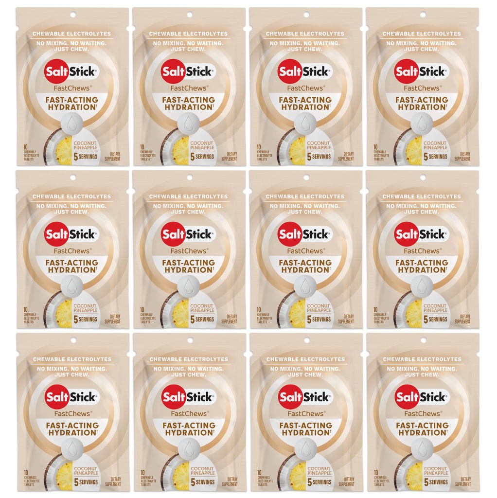 SaltStick Electrolyte FastChews - 120 Count Pineapple Flavor - Electrolyte tablete za hidracijo, Sol Tabs - 10 Count (Pack of 12)