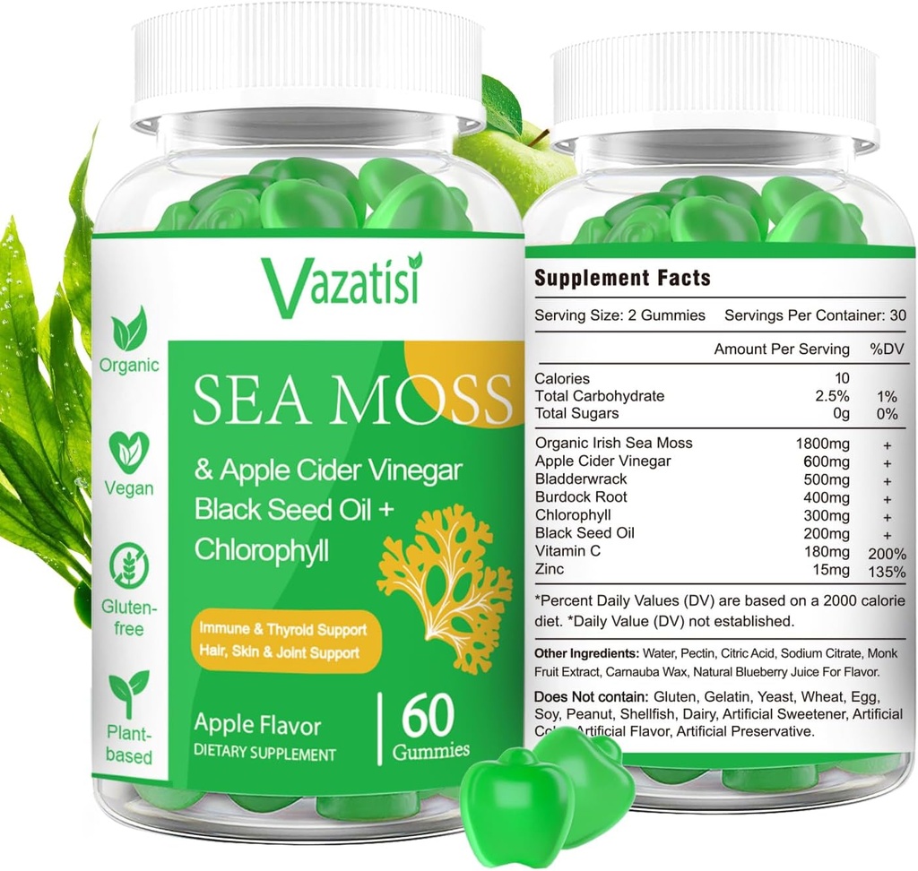 2 Pack Organic Irish Sea Moss Gumies s črnim oljem, klorofil - ščitnica, Mood, Energy & Imuna Support - ženske in moški, odrasli in otroci - 120 Vegan Gumies