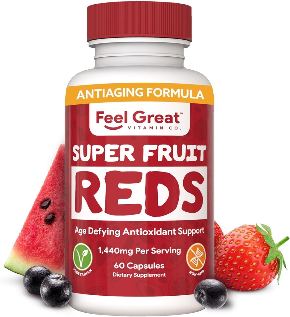 Feel Great Vitamini Supersade rdeče – Antioksidant Superživila s polifenoli za anti-Aging in imunske podpore – Acai, Mangosten, Granatno jabolko, borovnice in veliko več – 60 kapsul