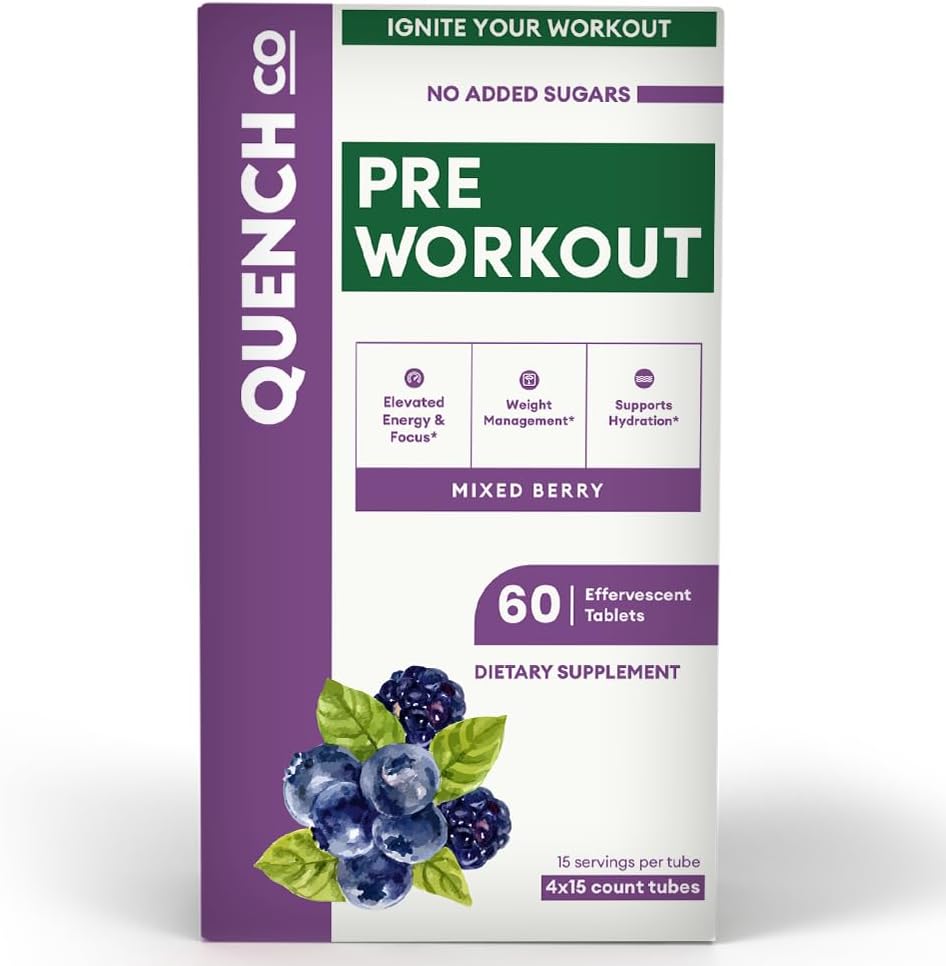 Quench Pre Workout za moške in ženske šumeče tablete - poveča energijo in fokus z L-arginin, naravni kofein - Podpira upravljanje teže in hidracijo - Vegan, Keto, Soy-free 60 Count