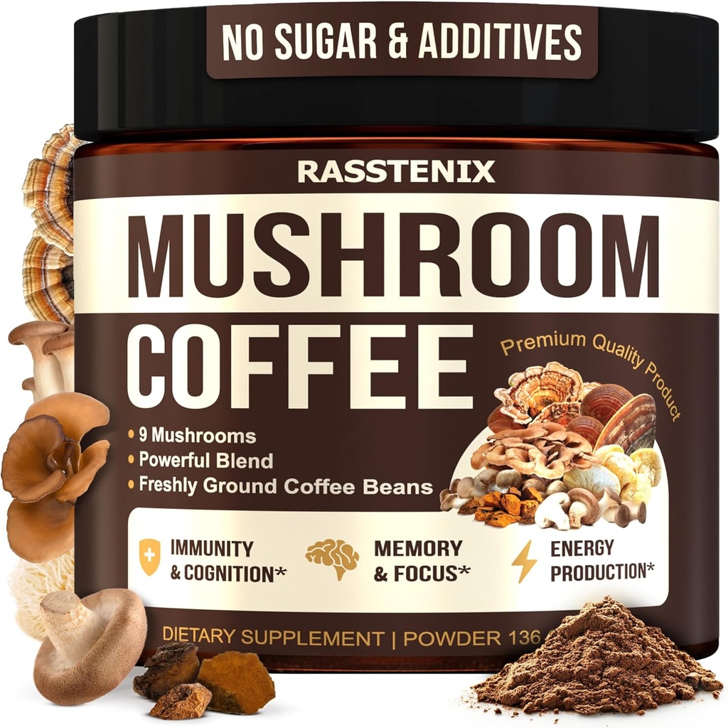 Kava z gobami Organska - 9 Adaptogena z gobami - Levja griva, Chaga, Turčija Tail, Reishi, Shiitake - Takojšnja kava z gobami za zdravje, energijo, mentalno jasnost - 60 postrežbe