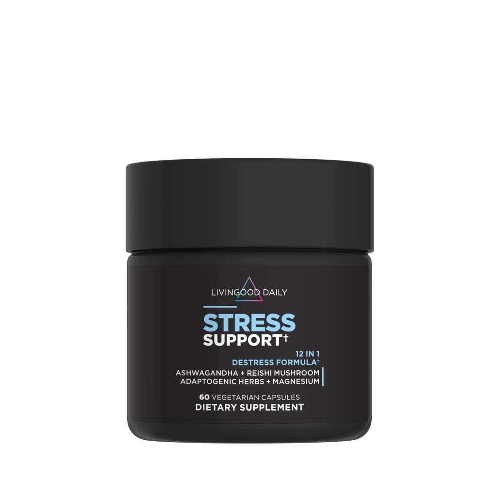 Livingood Dnevna podpora stresu, 12-v-1 dodatek z Ashwagandha, Reishi goba, Vitamin B6, Adaptogene zelišča & magnezij, Podpira Mood & Calm, Gluten Free, Vegan, 60 Vegetarijanske kapsule