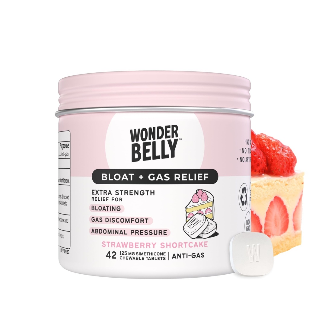 Wonderbelly Bloat + Gas Relief, ekstra moč žvečljive tablete, s 125 mg Simeticone, brez smukca ali barvila, Jagodna kratka torta, 42 Število