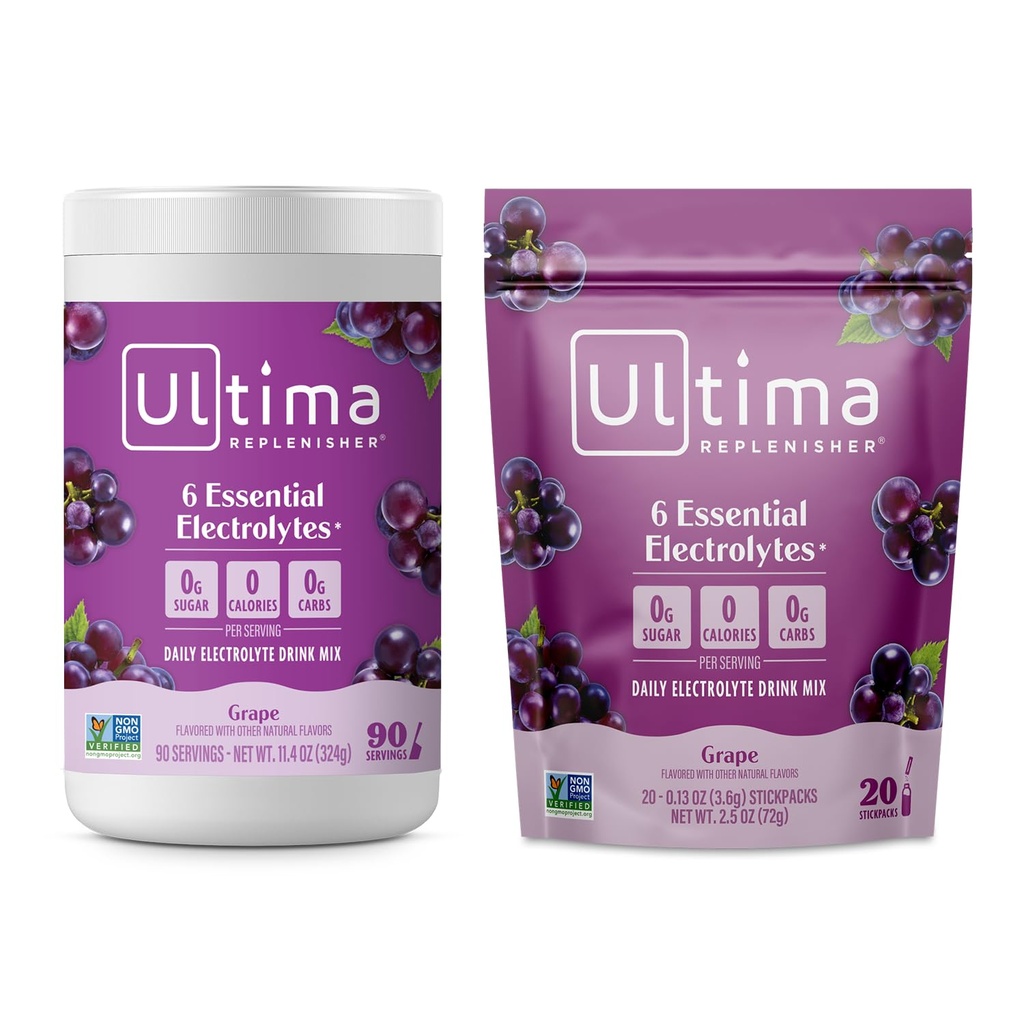 Ultima Replenisher Electrolyte Powder Drink Mix Bundle – Sugar Free – Grozdje, 90 Serving Canister in 20 Stickpacks – 6 Elektroliti in minerali – Keto Friendly, Vegan, Non-GMO