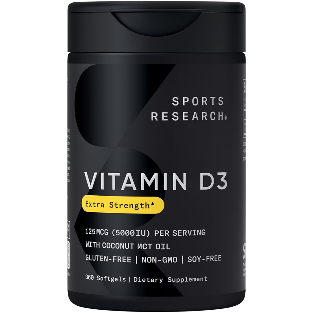 Sports Research® Vitamin D3 w/Coconut MCT Oil - Visoka jakost Vitamin D3 5000iu (125mcg) Dodatek za podporo imunskemu in kostnem sistemu - Seed Oil Free - Non-GMO - Gluten Free (360 tekočih softgels)