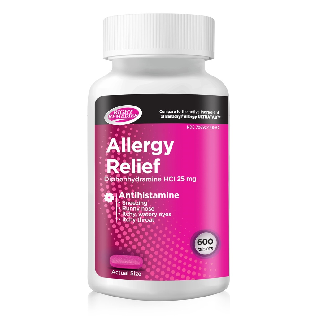 RIGHT REMEDIES Allergy Relief Antihistamine, Diphenhydramine HCl 25mg, (600 Count), Compared to the National Brand Allergy Ultratabs, Relieves Seasonal Indoor or Outdoor Upper Respiratory Allergies