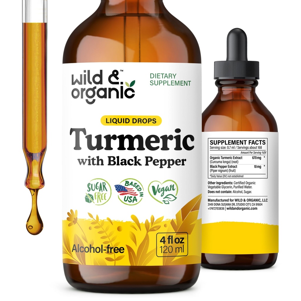 Divji & organski kurkumin Tinktura - Kurkumin s črnim poprom Extract - podpora za mobilnost - Kurkumin korenske tekoče kapljice - Vegan, sladkor in alkohol - 4 fl oz