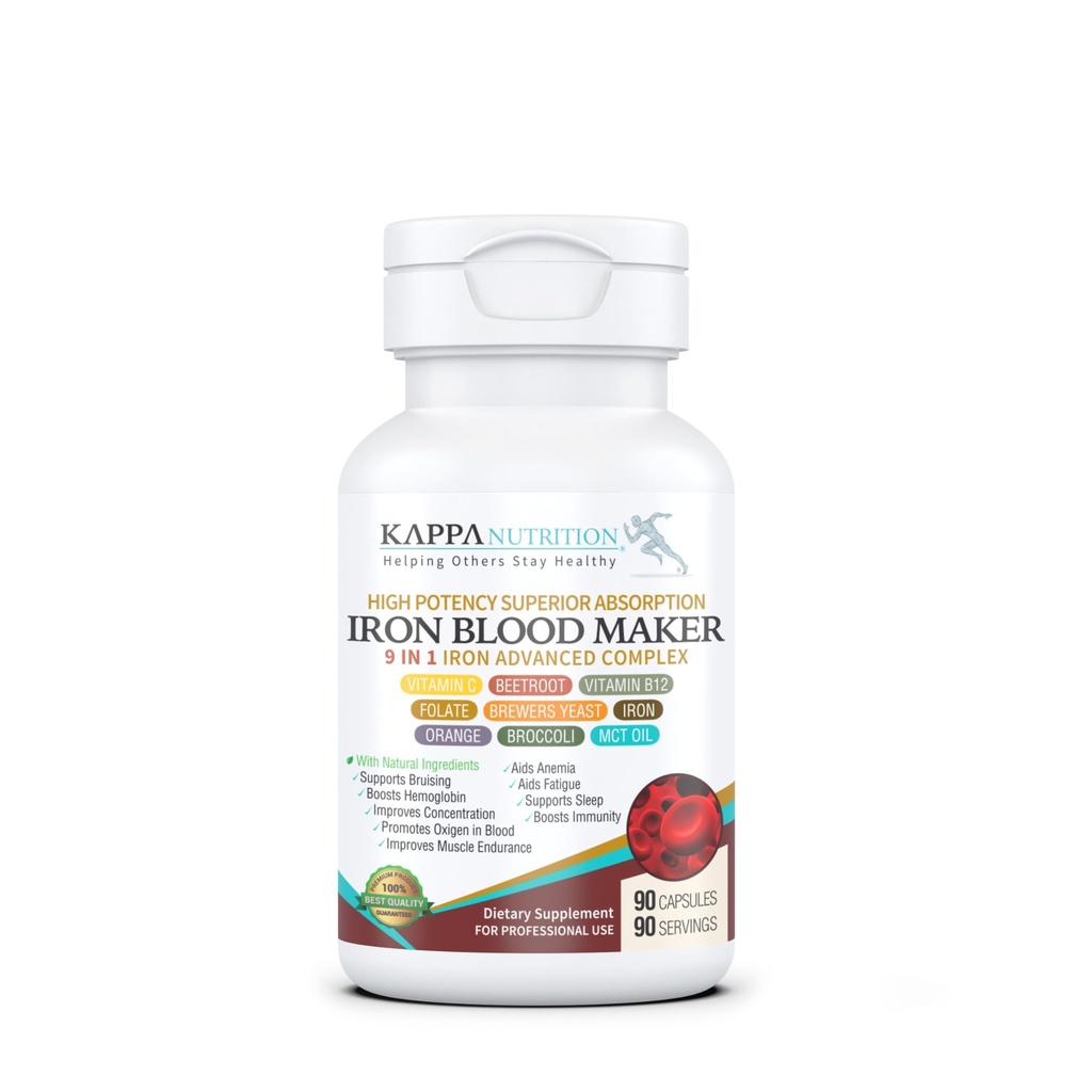 KAPPA HRANILNO železo 26mg, vitamin C in oranžna 150mg, folat 667mcg DFE, vitamin B12, rdeča pesa, breast, brokoli in MCT olje 9 v 1 Napredni kompleks (90 kapsul)
