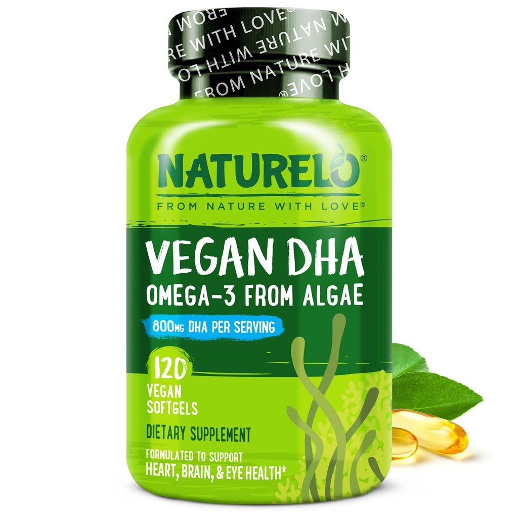 NATURELO Vegan DHA - Omega 3 Olje iz alge - dopolnilo za možgane, srce, skupno, zdravje oči - zagotavlja bistvene maščobne kisline za ženske moške in otroke - dopolnila Prenatalne vitamine - 120 Softgels
