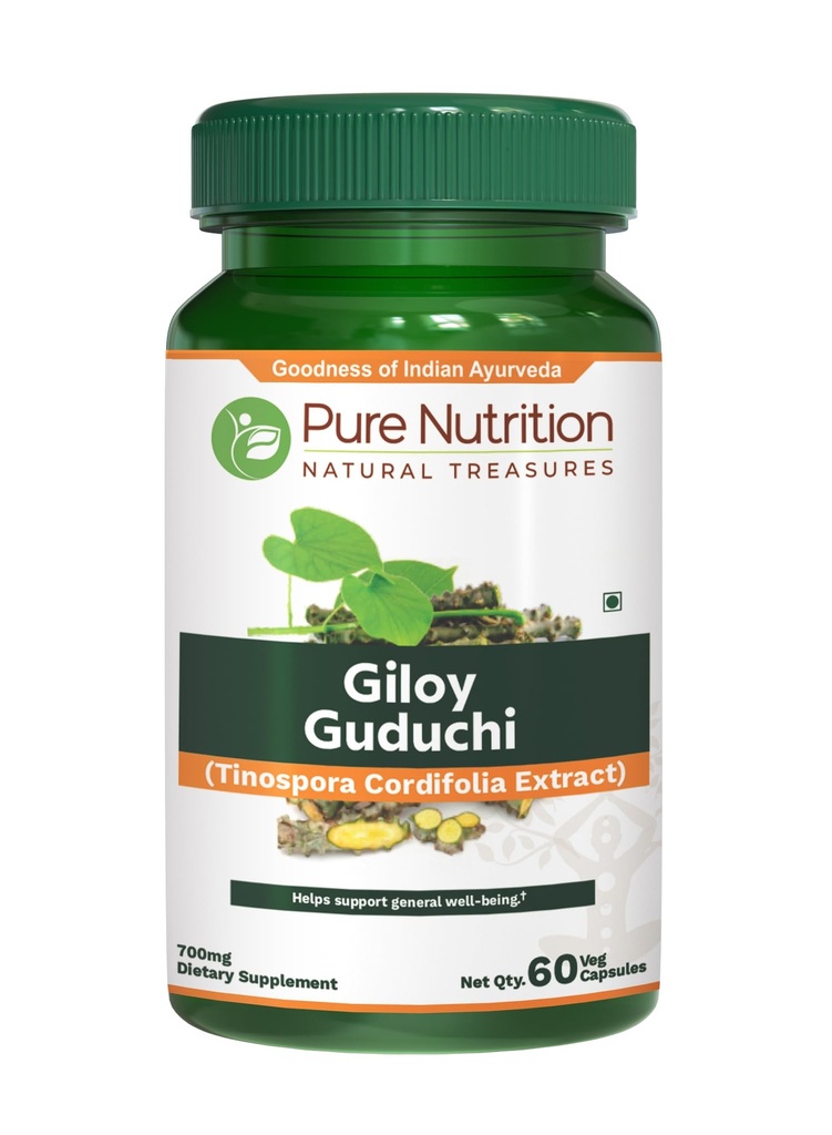 Pure Nutriton Giloy Guduchi Extract 700 mg kapsula (enakovalenten do 5200 mg Giloy prašek). Oskrba brez GSO enkrat dnevno 60 dni.