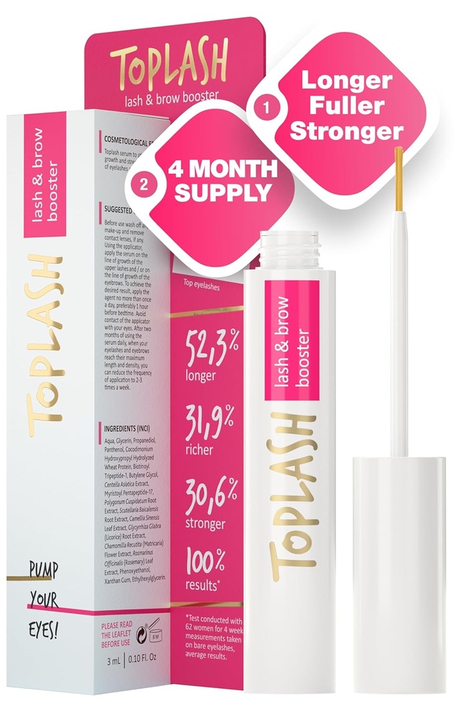 TOPLASH serum za rast trepalnic - inovativna formula za daljšo, Thicker, Fuller Brows & Lashes - naravna, Cruelty-free & Hypoallergenic - 0.10 fl.oz.
